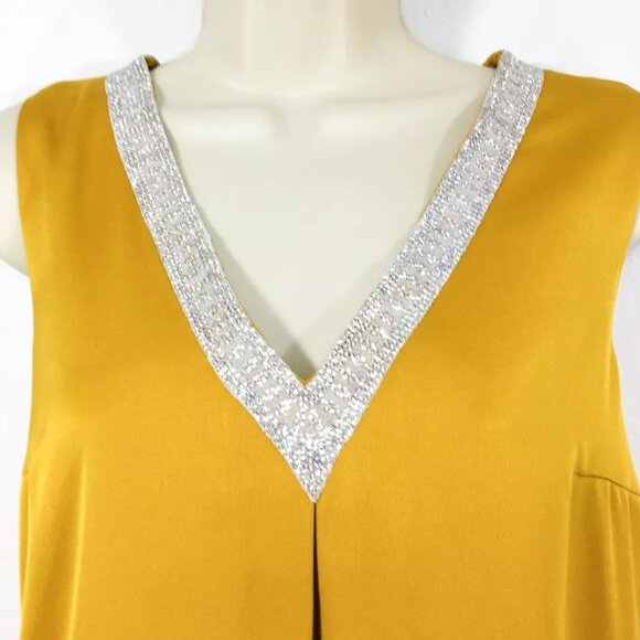 F & P Paris Marigold Satin Bejeweled Dress Sz M Open Flowing Back Panels - Picture 2 of 10